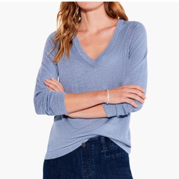 NIC+ZOE V Neck Long Sleeve Shimmer Sweater Tee Blue Size PP / Size 0P - Size 2P - Picture 1 of 8